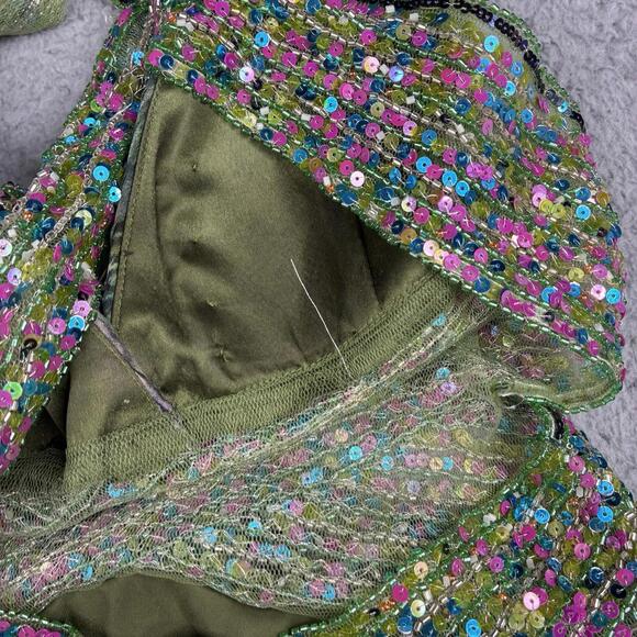 Jovani Women’s 2 Peacock Print Sequin Silk Open Back Halter Long Prom Gown Dress - Picture 7 of 12